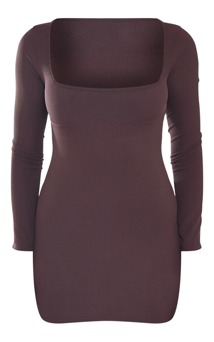 Chocolate Ribbed Underbust Detail Long Sleeve Bodycon Dress - Image 5