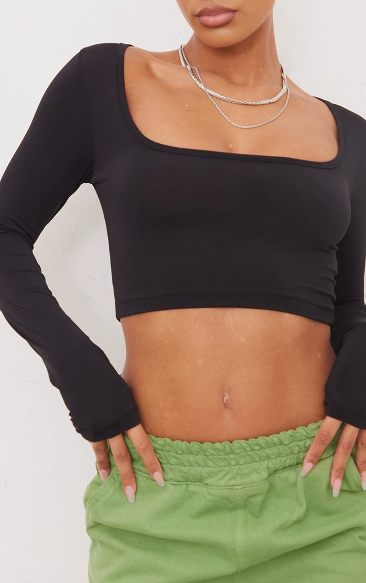 Basic Black Slinky Square Neck Crop Top - Image 4