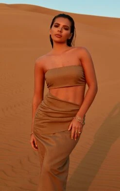 Mushroom Linen Look Bandeau Crop Top