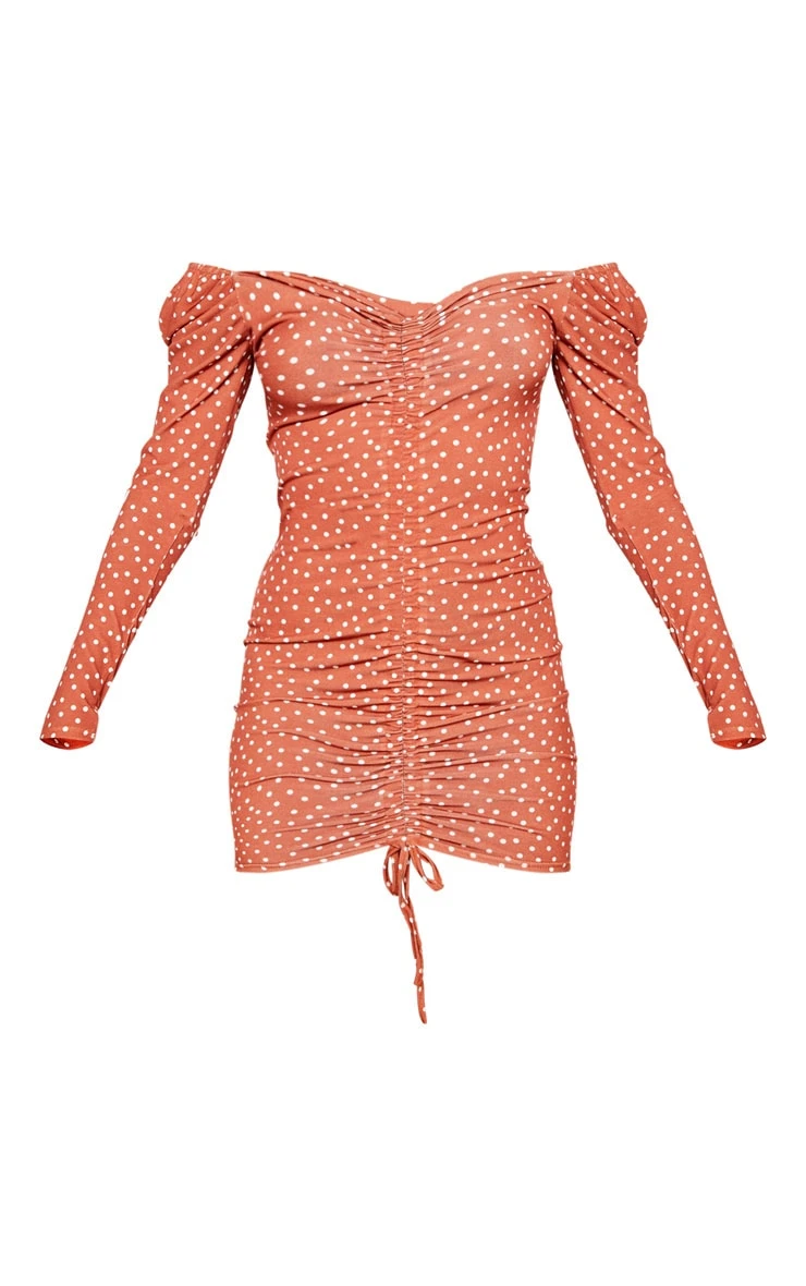 Terracotta Polka Dot Print Ruched Front Long Sleeve Bodycon Dress - Image 5