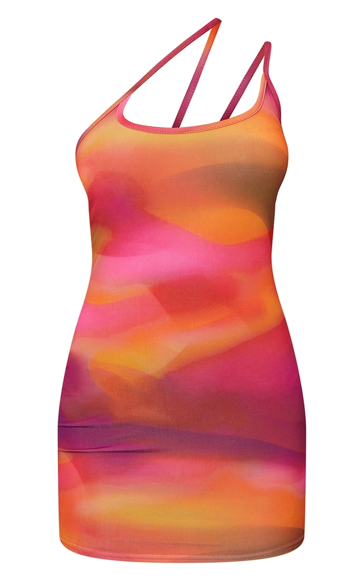 Pink Abstract Print Asymmetric Strap Detail Slinky Bodycon Dress - Image 5