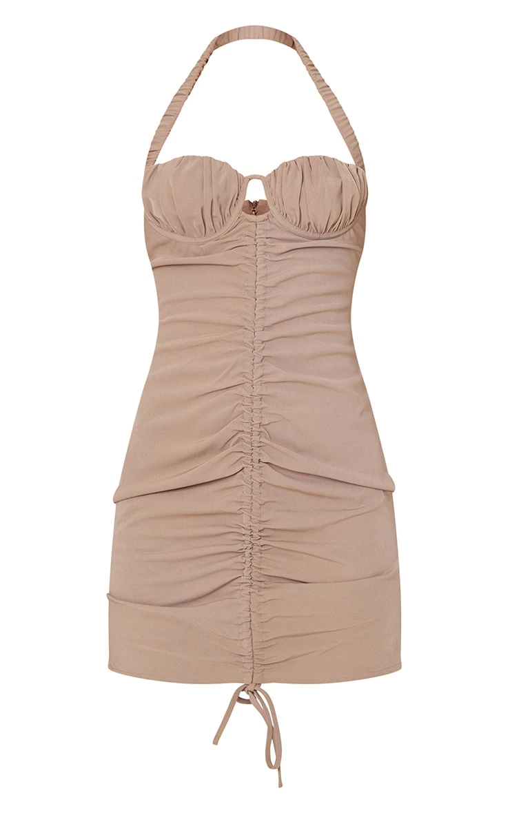 Taupe Ruched Front Halterneck Bodycon Dress - Image 5