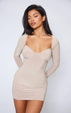 Nude Slinky Ruched Bust Long Sleeve Bodycon Dress