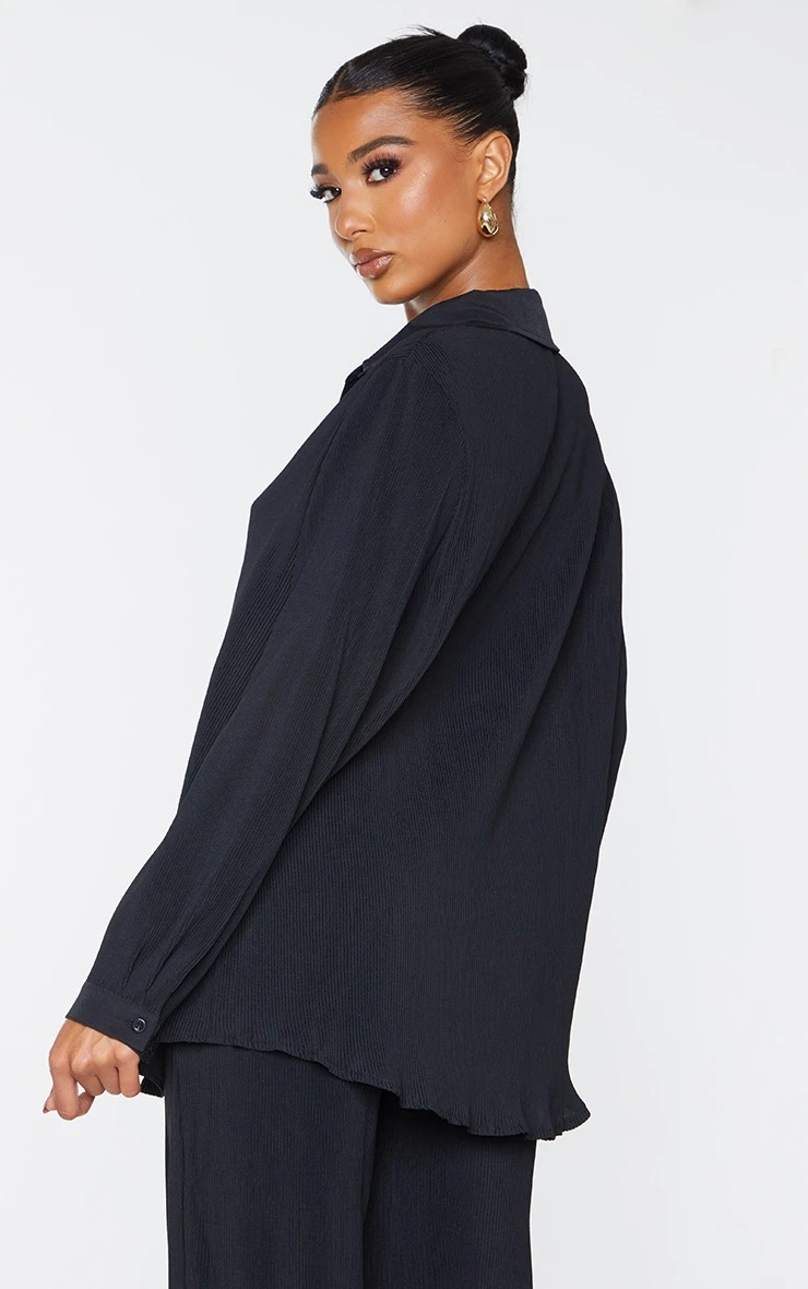 Black Plisse Button Front Oversized Shirt - Image 2