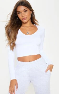 White Long Sleeve V Neck Crop Top