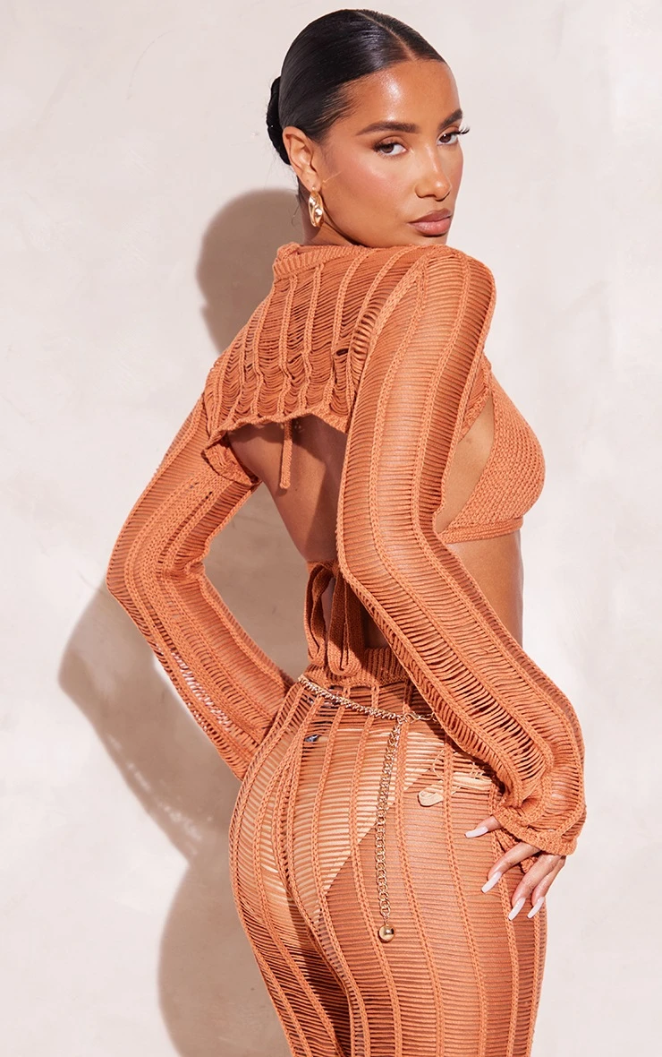 Tan Tassel Knit Extreme Cropped Top - Image 2