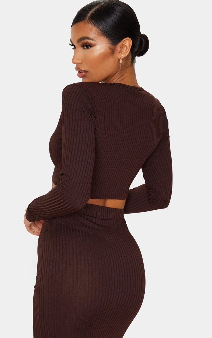 Brown Ribbed V Neck Long Sleeve Crop Top - Image 2