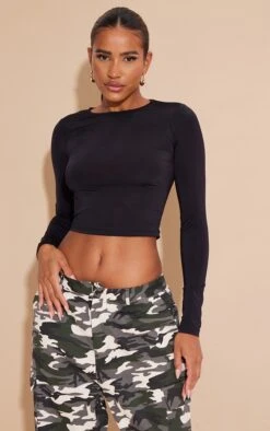Basic Black Slinky Long Sleeve Crop Top