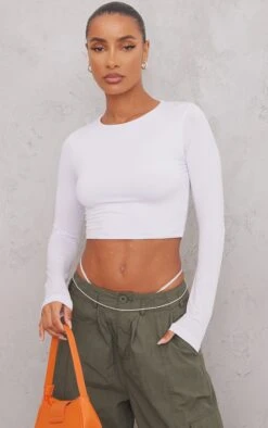 Basic White Slinky Long Sleeve Crop Top