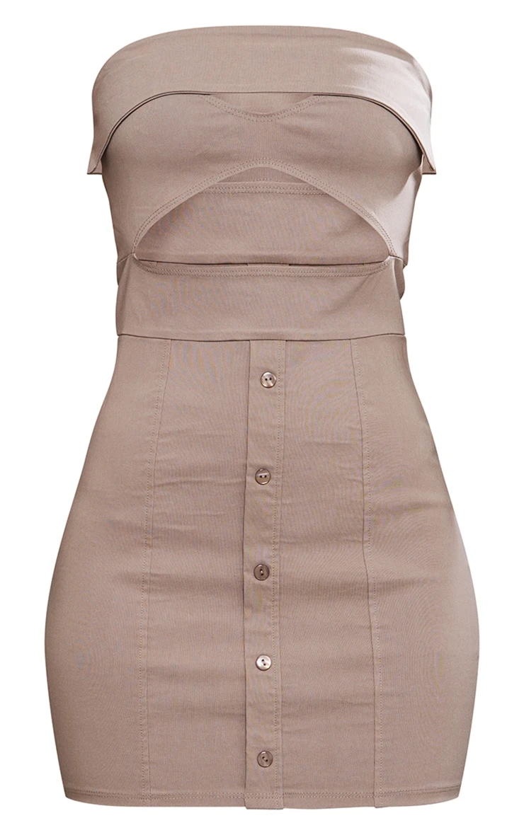 Taupe Bandeau Cut Out Button Down Bodycon Dress - Image 5