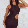 Chocolate Ribbed Cut Out Waist Bodycon Dress