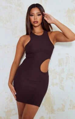 Chocolate Ribbed Cut Out Waist Bodycon Dress