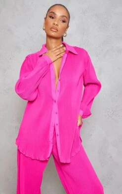 Hot Pink Plisse Button Front Oversized Shirt