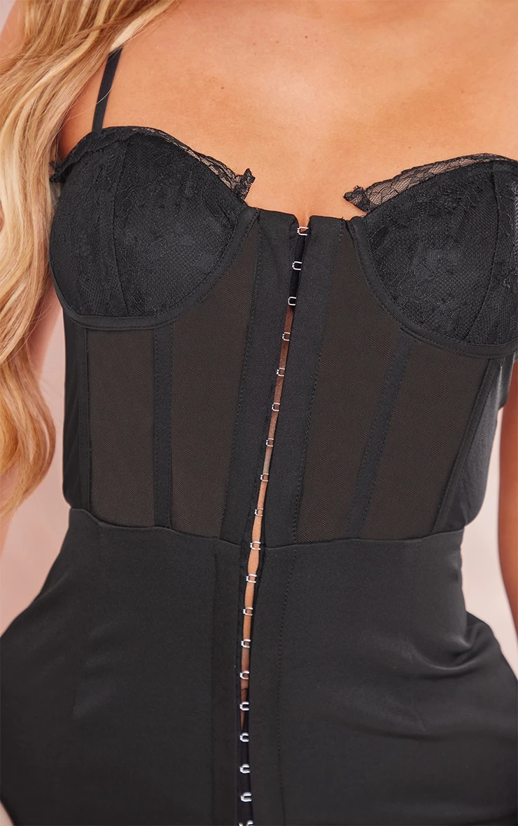 Black Woven Mesh Corset Lace Detail Bodycon Dress - Image 4