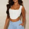 White Stretch Woven Boned Corset Crop Top