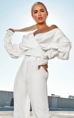 White Woven Puff Sleeve Crop Shirt